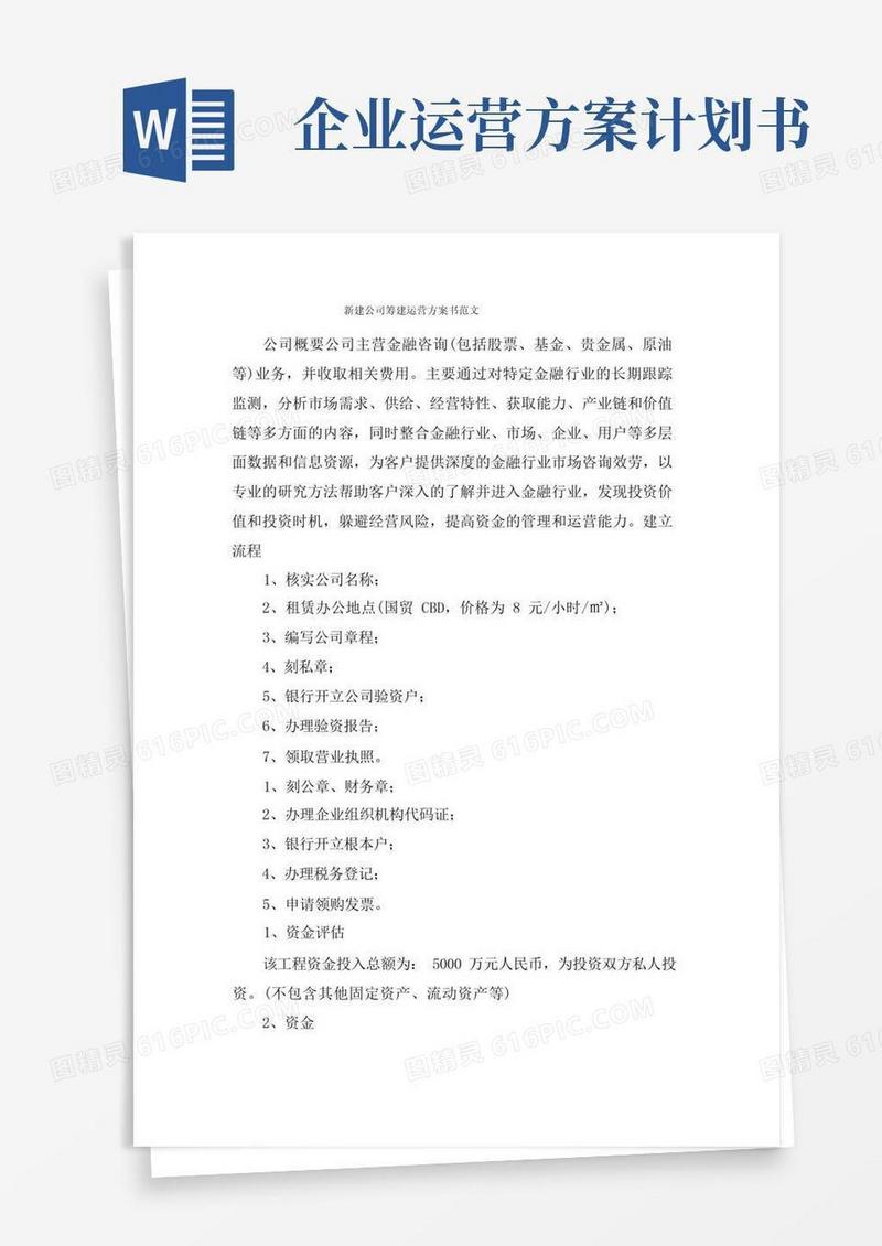 实用的新建公司筹建运营计划书范文