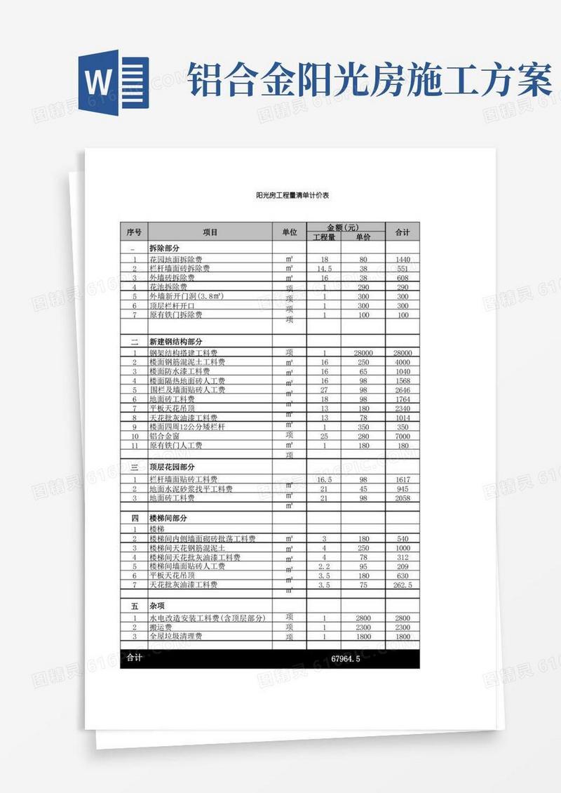 实用的王宅阳光房工程量报价表