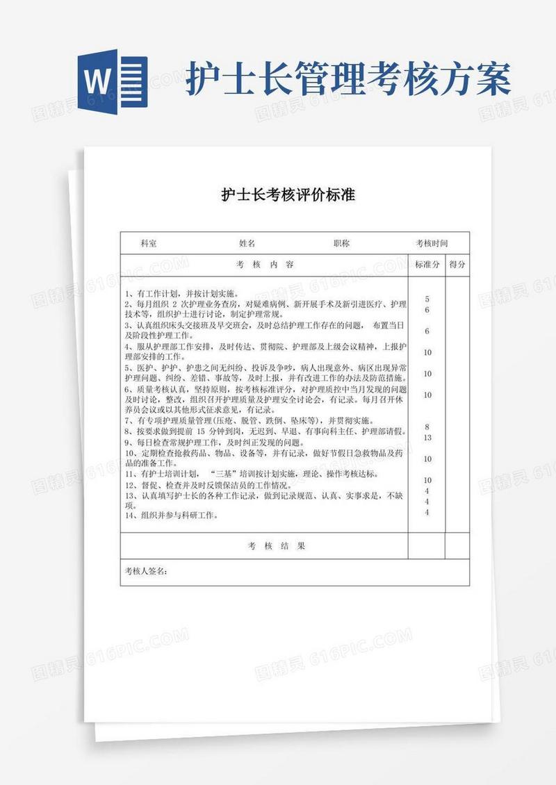 大气版护士长考核评价标准