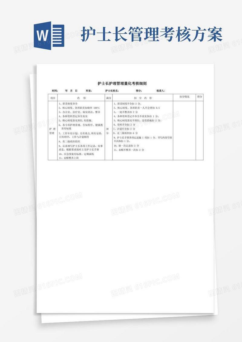 简洁的护士长护理管理量化考核细则