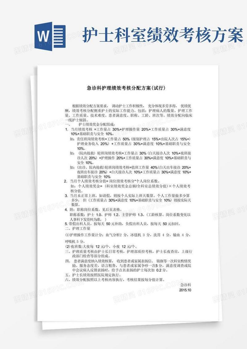简易版护理绩效考核分配方案