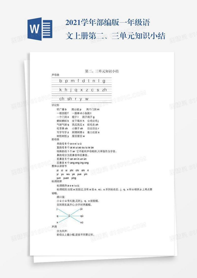 2021学年部编版一年级语文上册第二、三单元知识小结