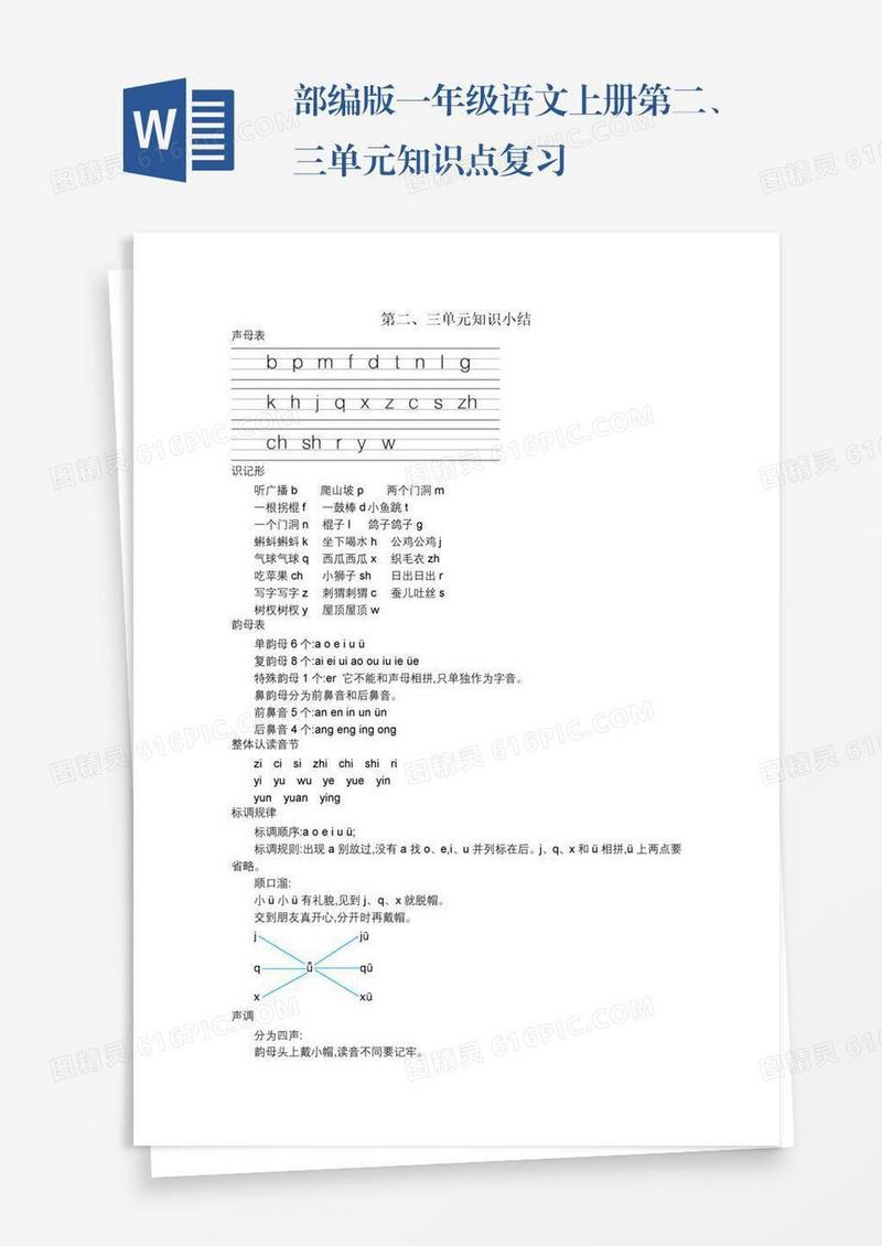 部编版一年级语文上册第二、三单元知识点复习
