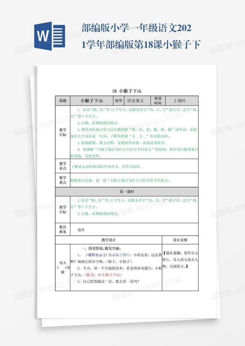 部编版小学一年级语文2021学年部编版第18课小猴子下山说课稿