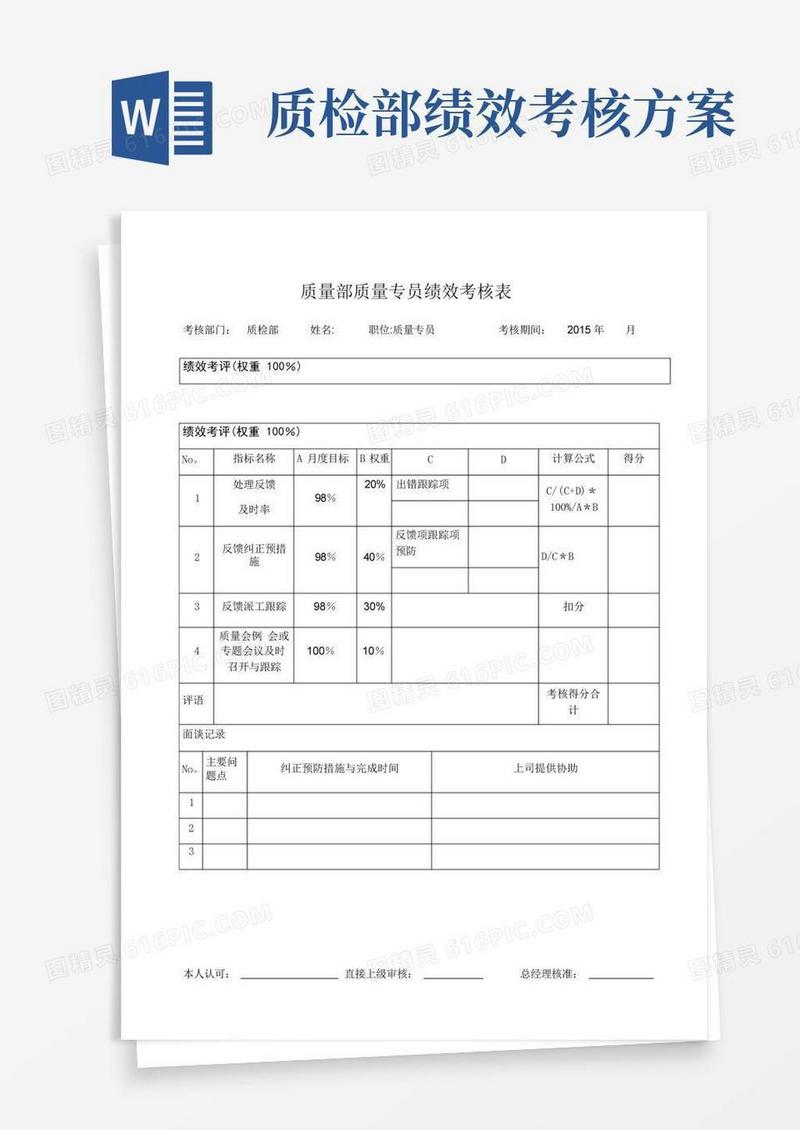简易版质量部质量专员绩效考核表