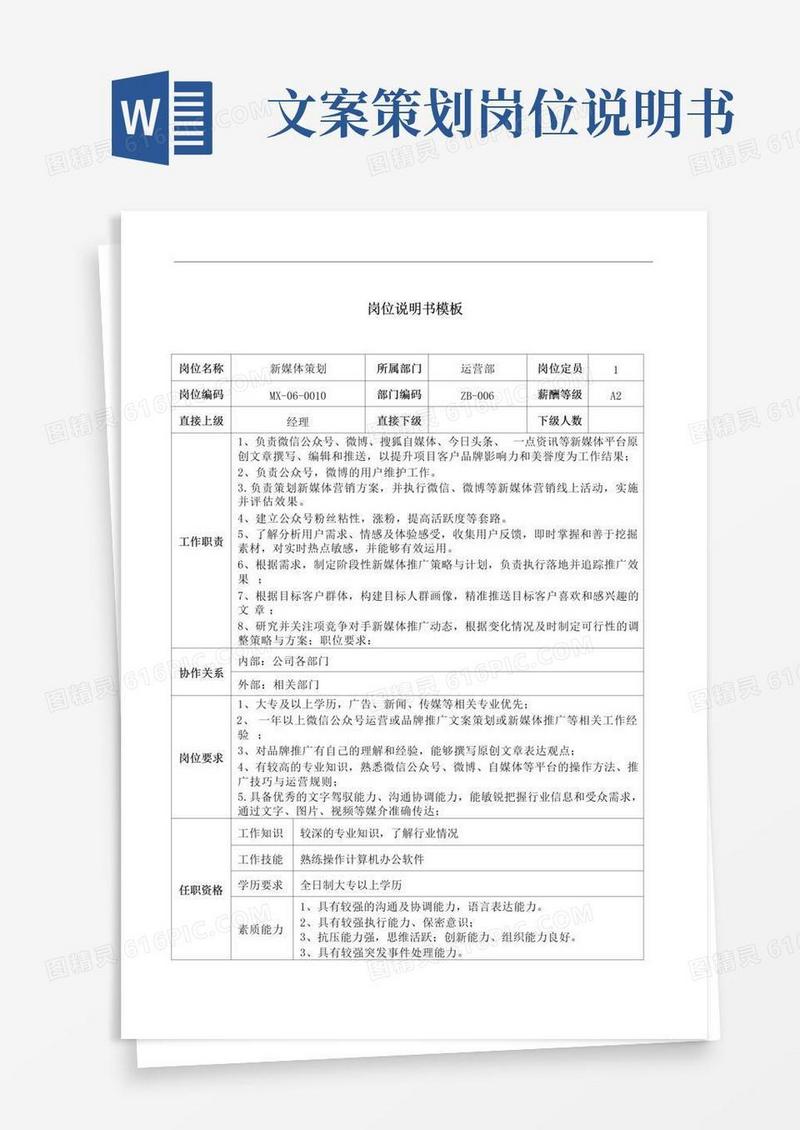 简洁的新媒体策划岗位说明书工作说明书模板