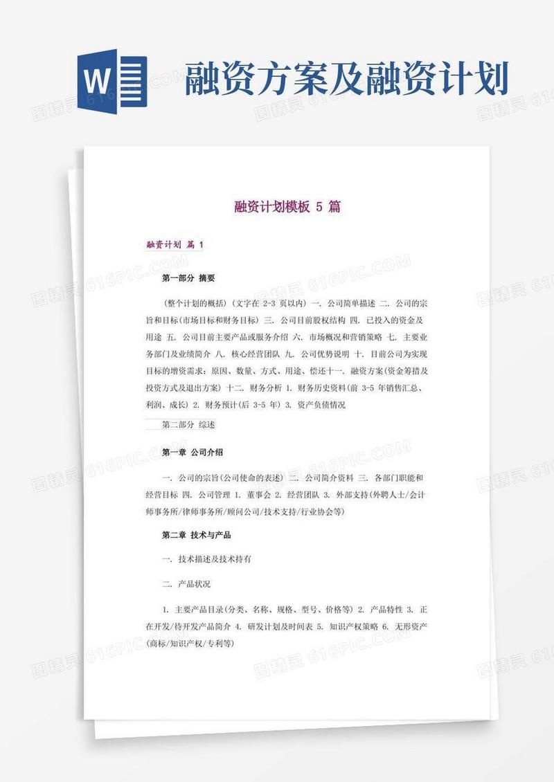 简洁的融资计划模板5篇