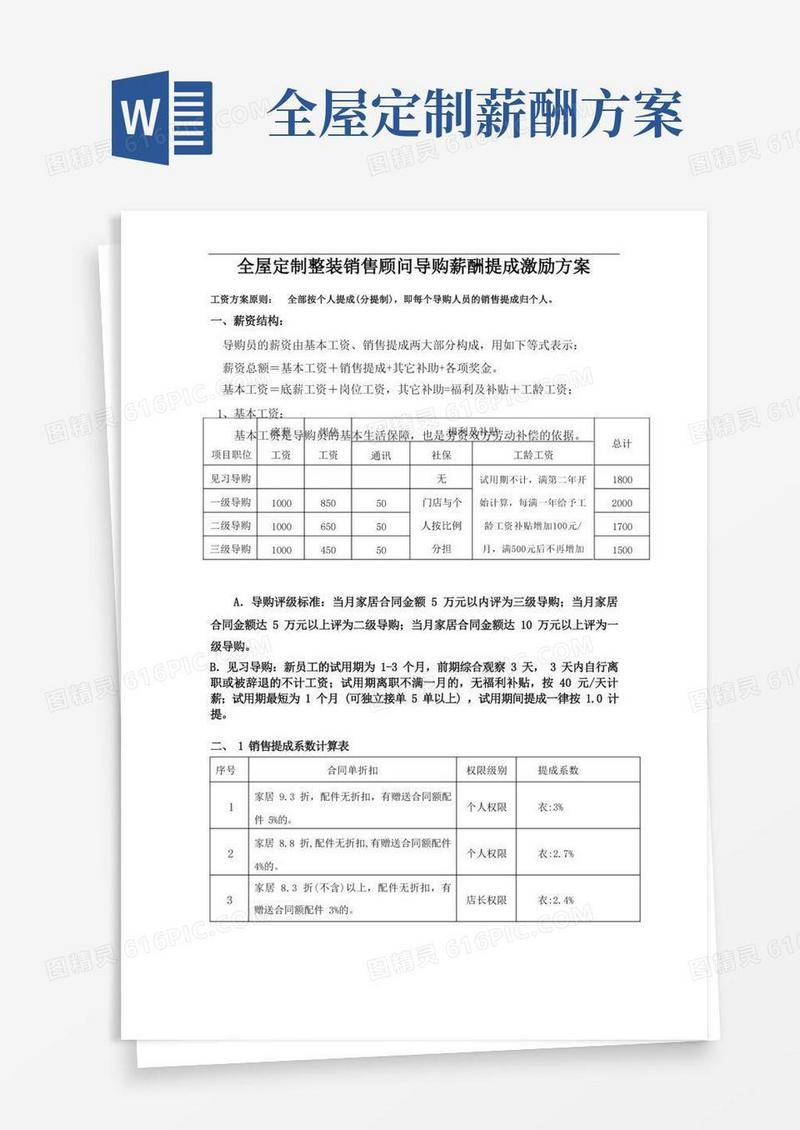 简洁的全屋定制整装拎包整装全屋定制整装销售顾问导购薪酬提成激励方案
