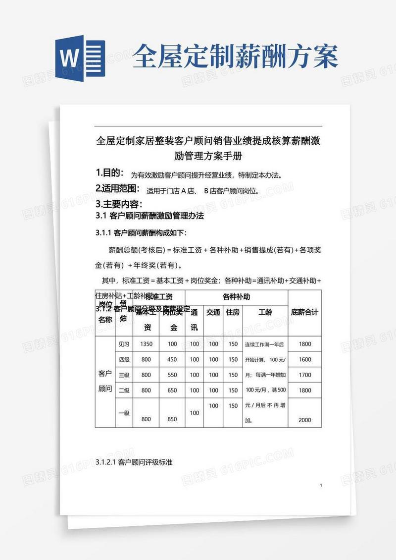 实用的全屋定制家居整装客户顾问销售业绩提成核算薪酬激励管理方案手册
