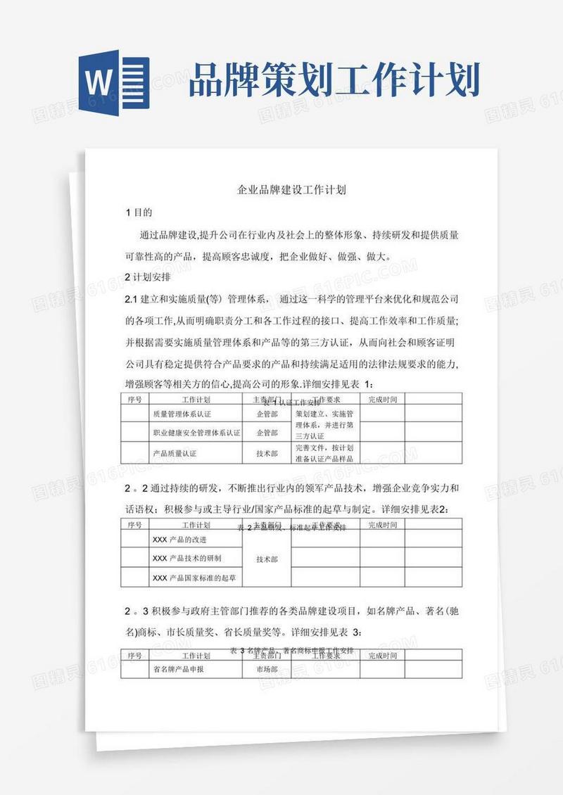 大气版企业品牌建设工作计划