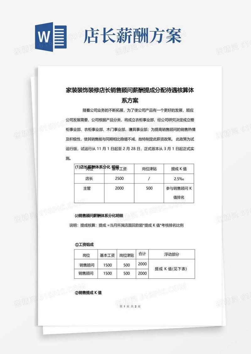 通用版家装装饰装修店长销售顾问薪酬提成分配待遇核算体系方案