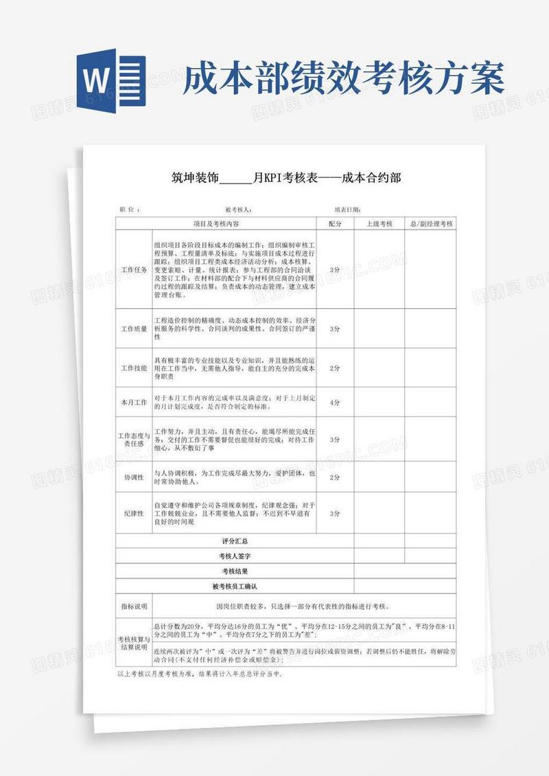 通用版成本合约部KPI绩效考核