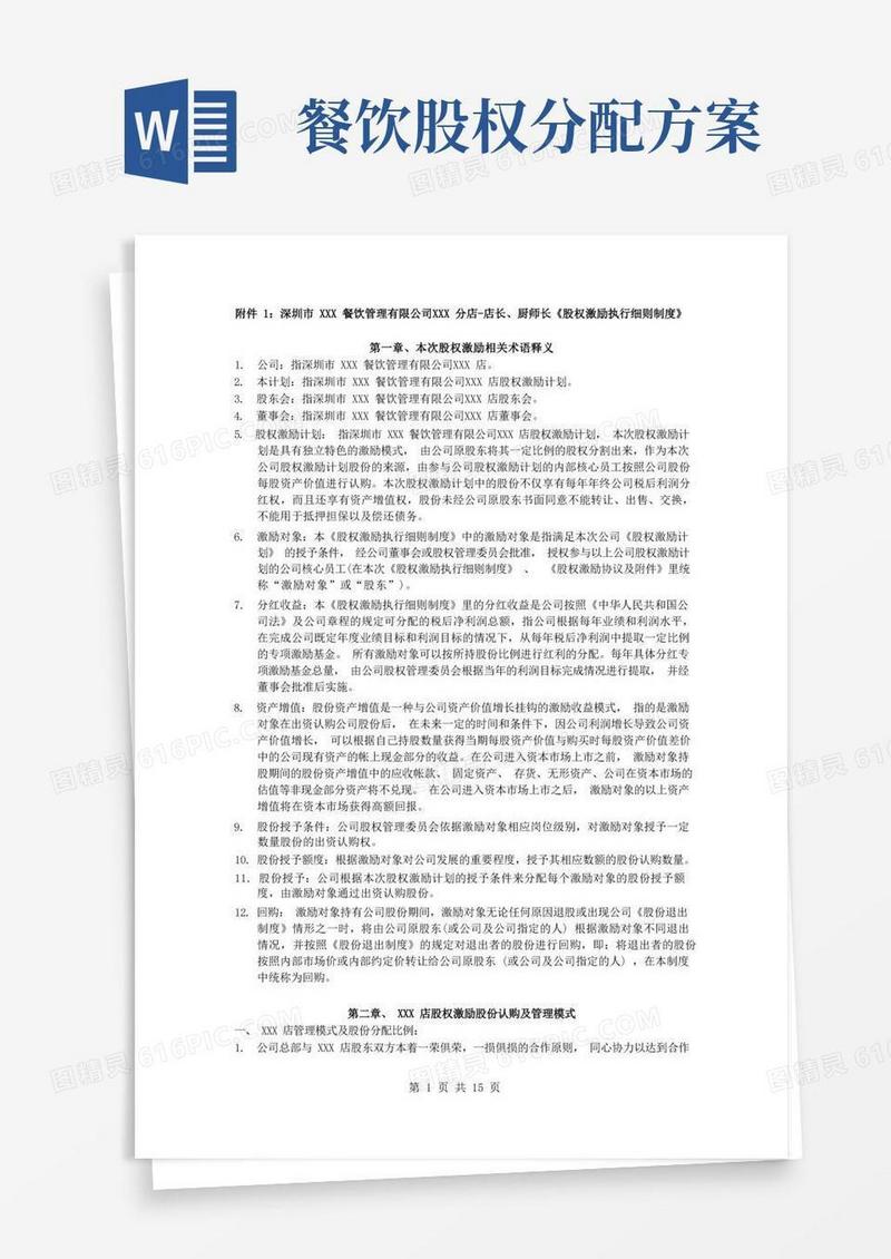 通用版深圳市XXX餐饮管理有限公司XXX分店店长、厨师长股权激励执行细则制度