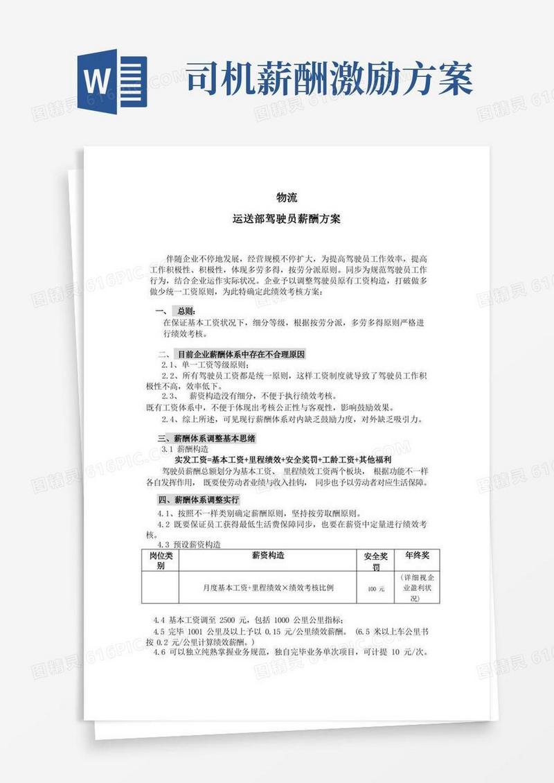 大气版物流运输部驾驶员薪酬方案