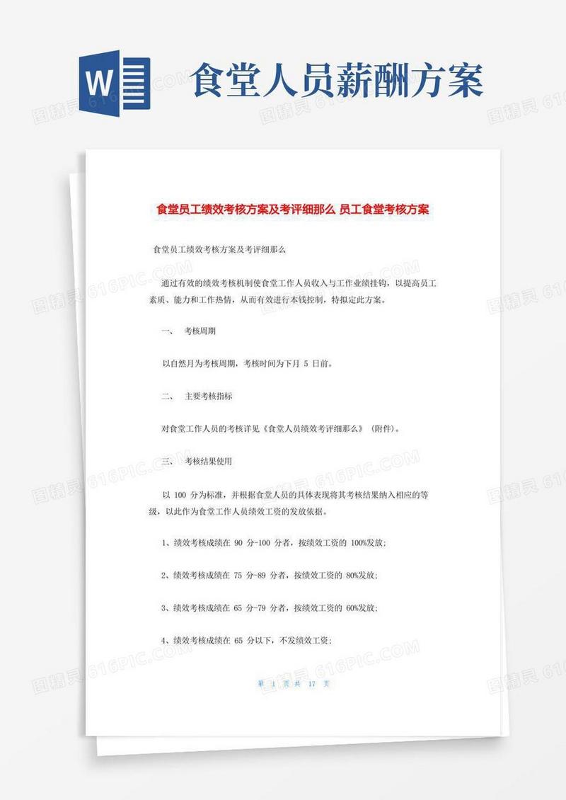 通用版食堂员工绩效考核方案及考评细则员工食堂考核方案