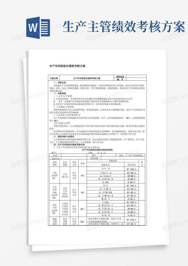 简易版生产车间班组长绩效考核方案