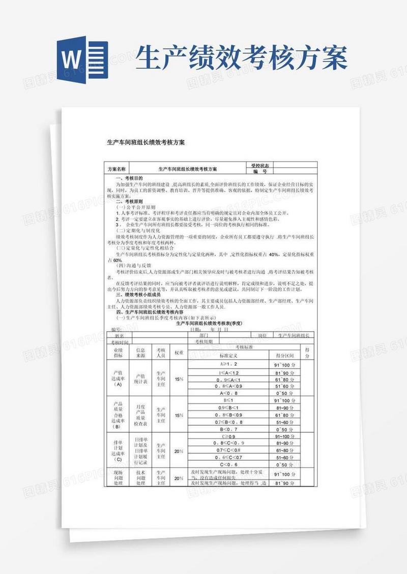 简洁的生产车间班组长绩效考核方案