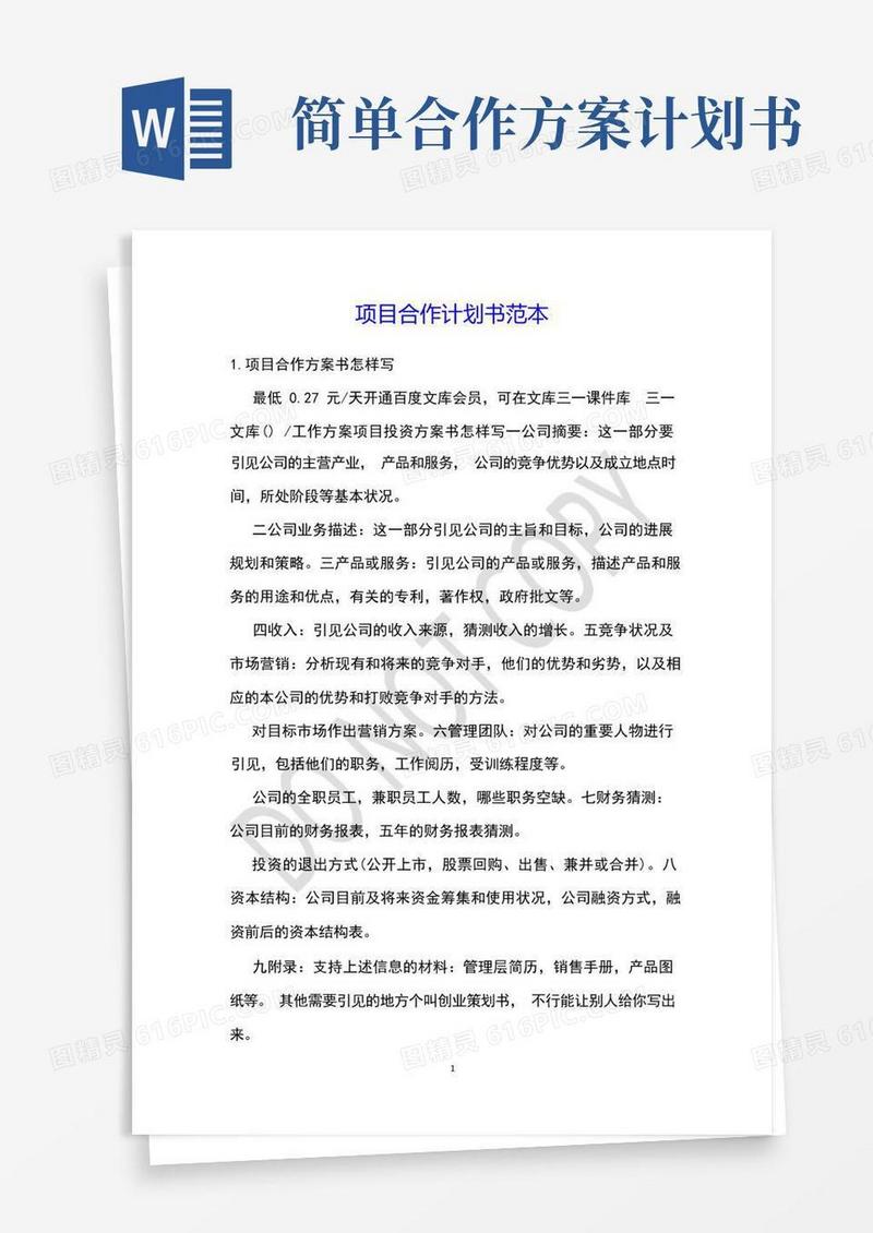 大气版项目合作计划书范本