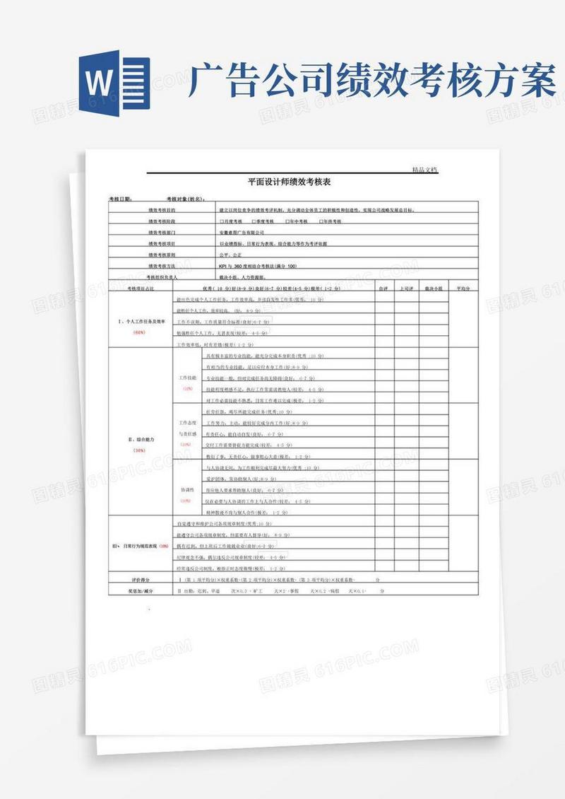 简洁的广告公司所有岗位绩效考核表