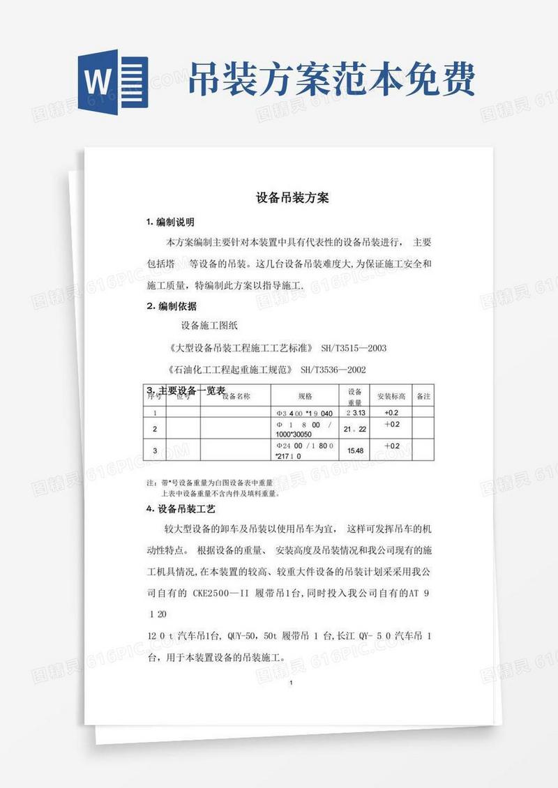 方便的设备吊装施工方案【可编辑范本】
