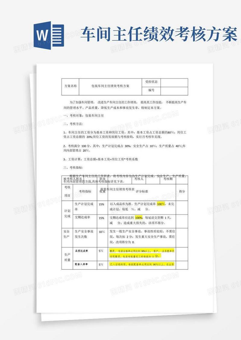 简洁的包装车间主任绩效考核表
