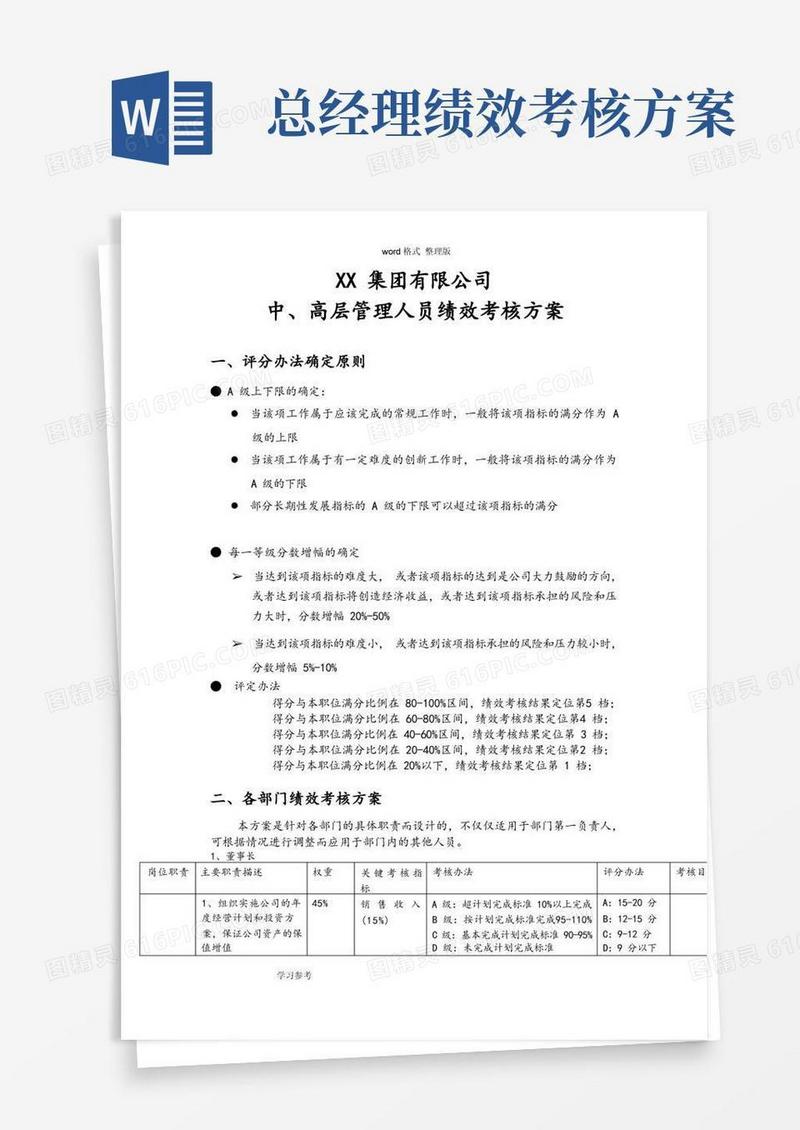 集团公司中、高层管理人员绩效考核方案