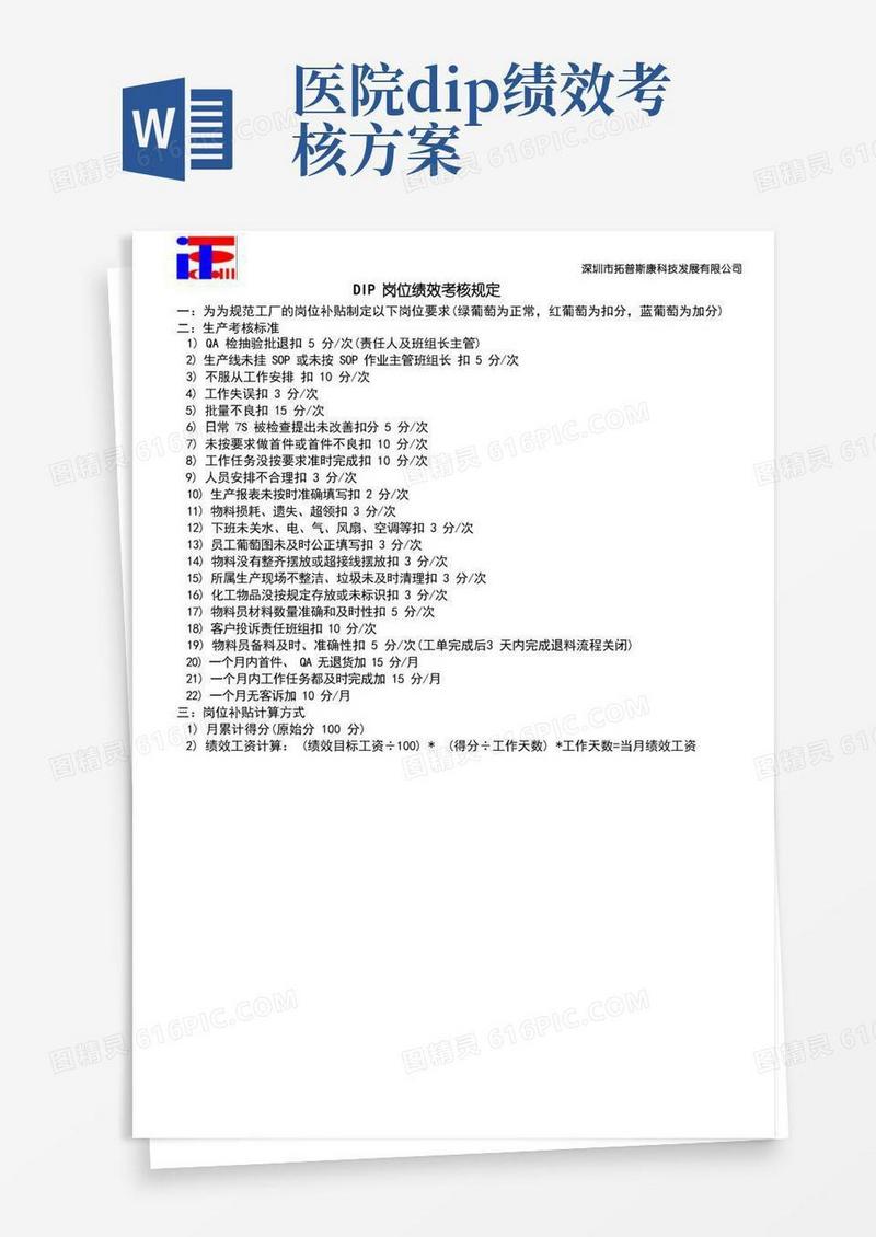DIP岗位绩效考核规定