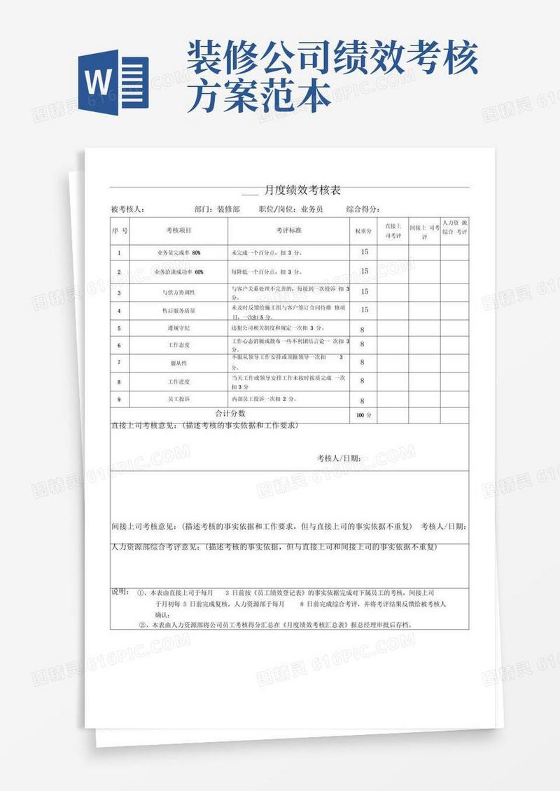 月度绩效考核表(装修业务员)精选ord范本
