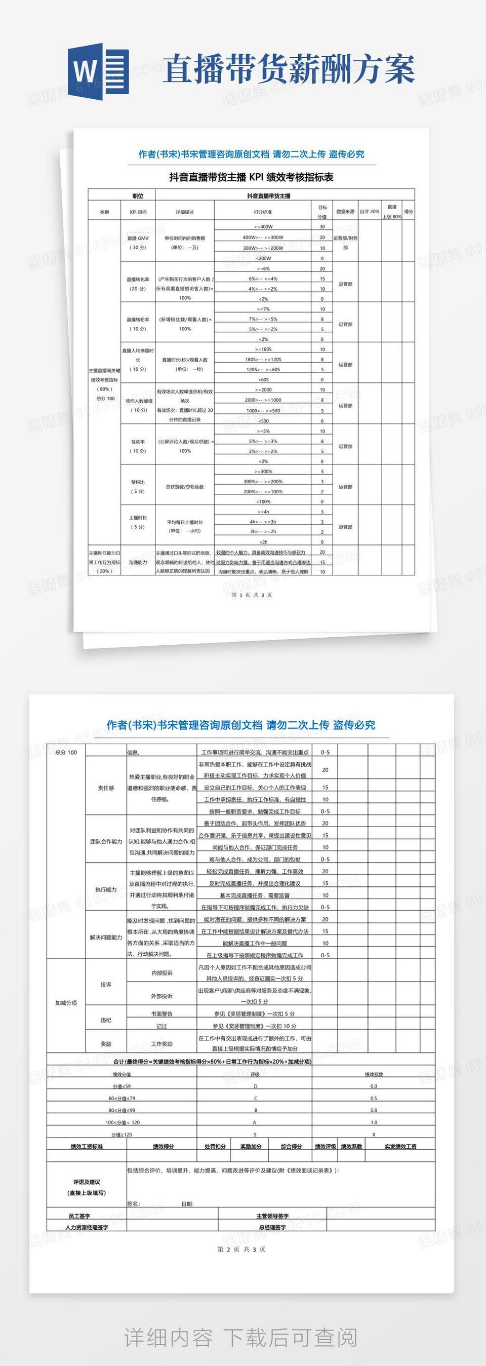 抖音直播带货主播KPI绩效考核指标表