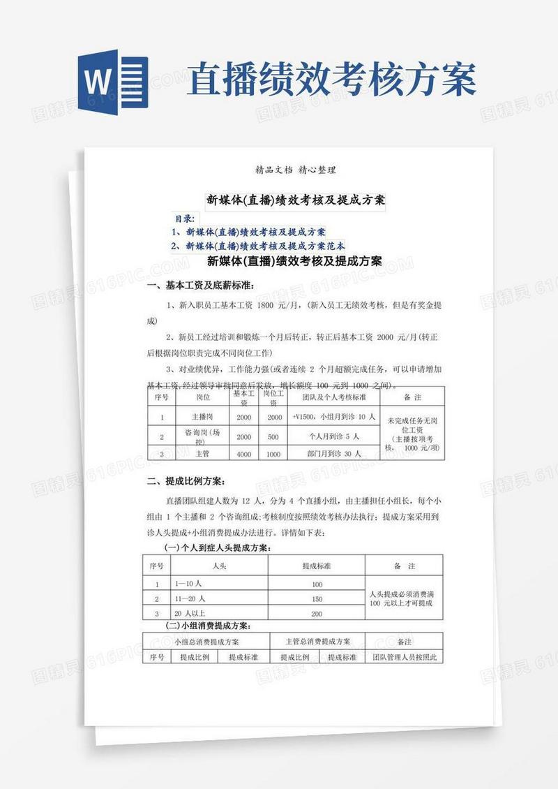新媒体(直播)绩效考核及提成方案
