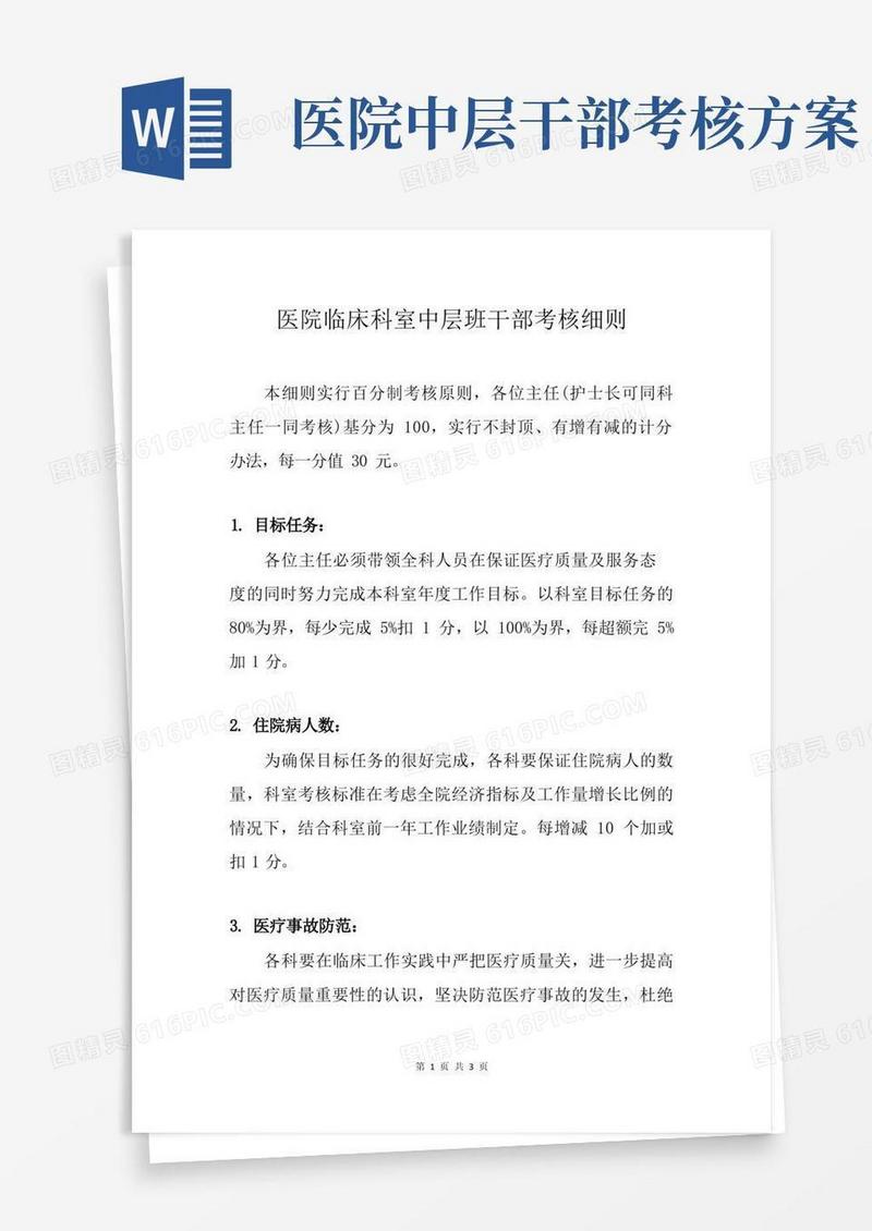 医院临床科室中层班干部考核细则