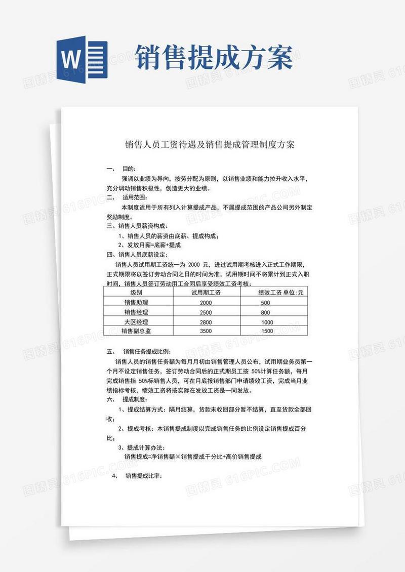 销售人员提成方案参考