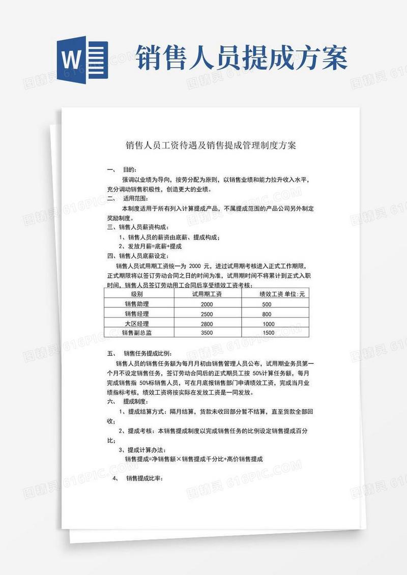 销售人员提成方案参考