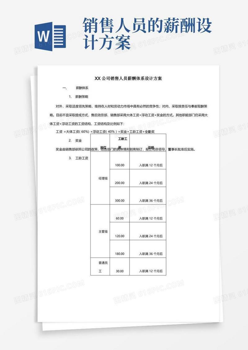 Xx公司销售人员薪酬体系设计方案