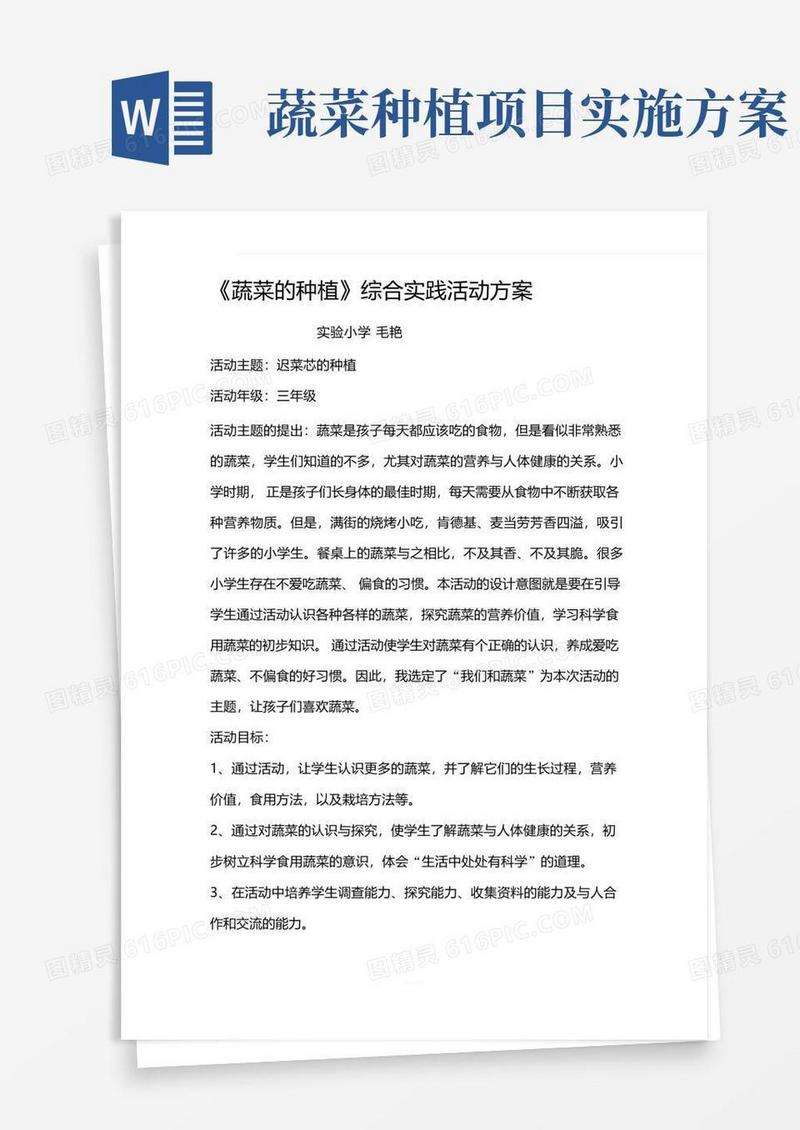 蔬菜的种植综合实践活动方案