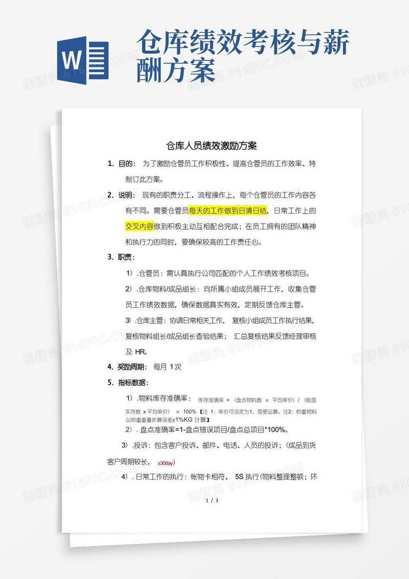 仓库人员绩效激励方案
