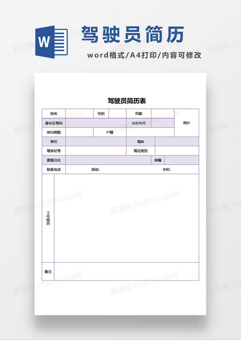 简约驾驶员通用简历登记表模板