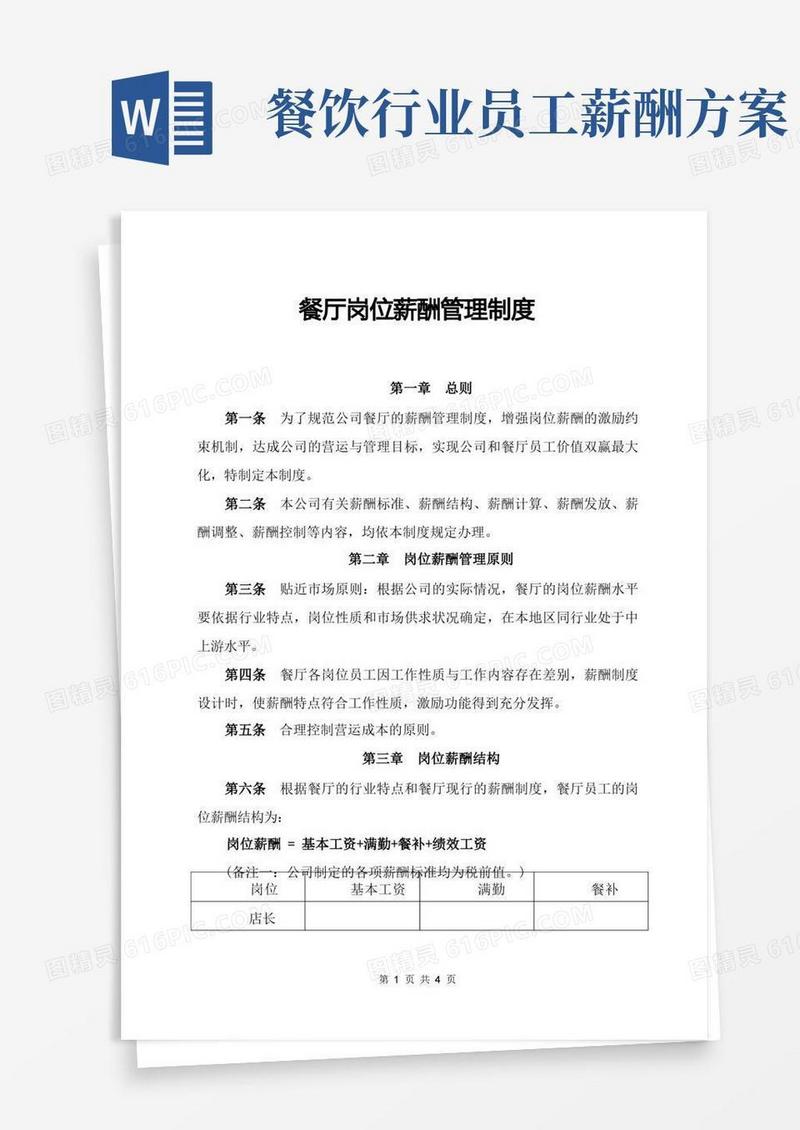 餐厅岗位薪酬管理制度
