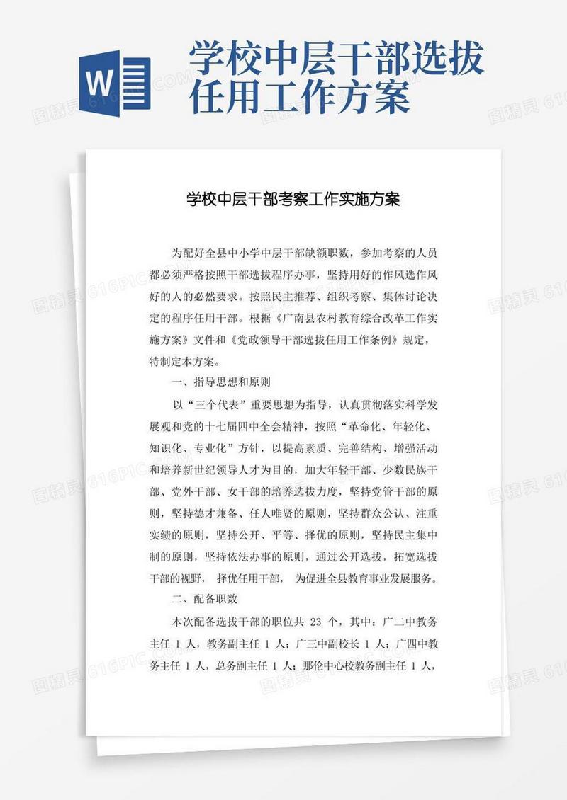 学校中层干部考察工作实施方案