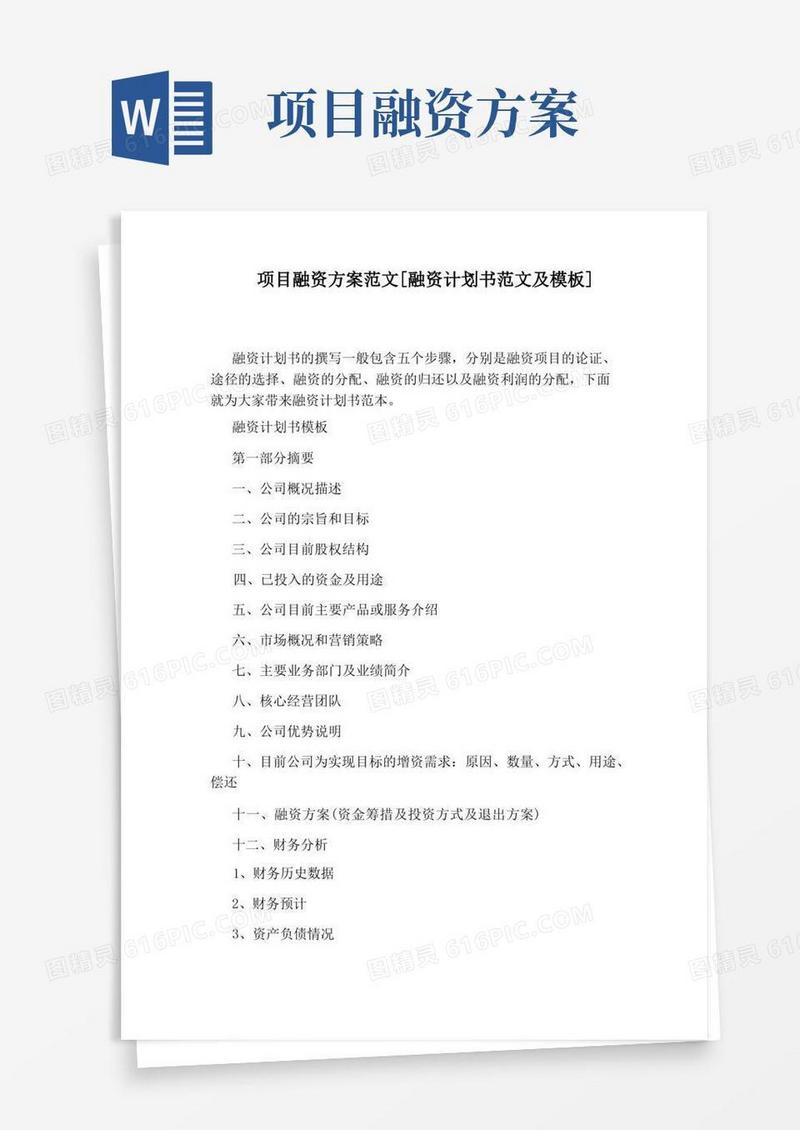 项目融资方案范文[融资计划书范文及模板]