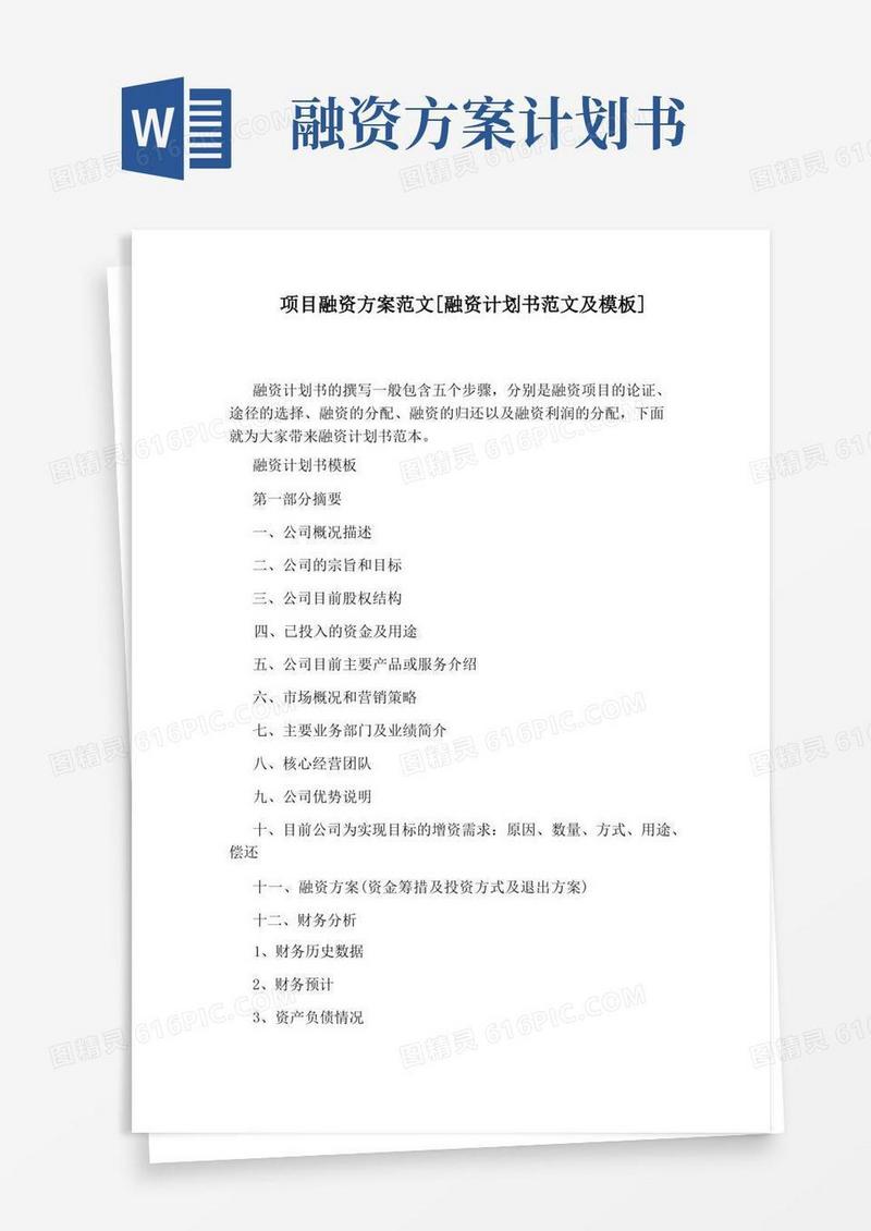 项目融资方案范文[融资计划书范文及模板]