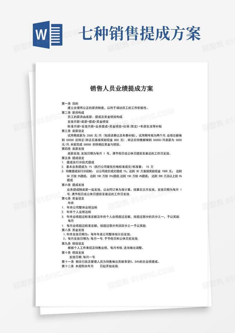 销售人员业绩提成方案