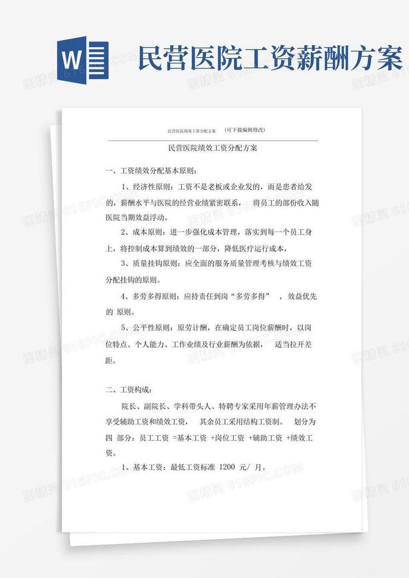 民营医院薪金分配方案绩效版