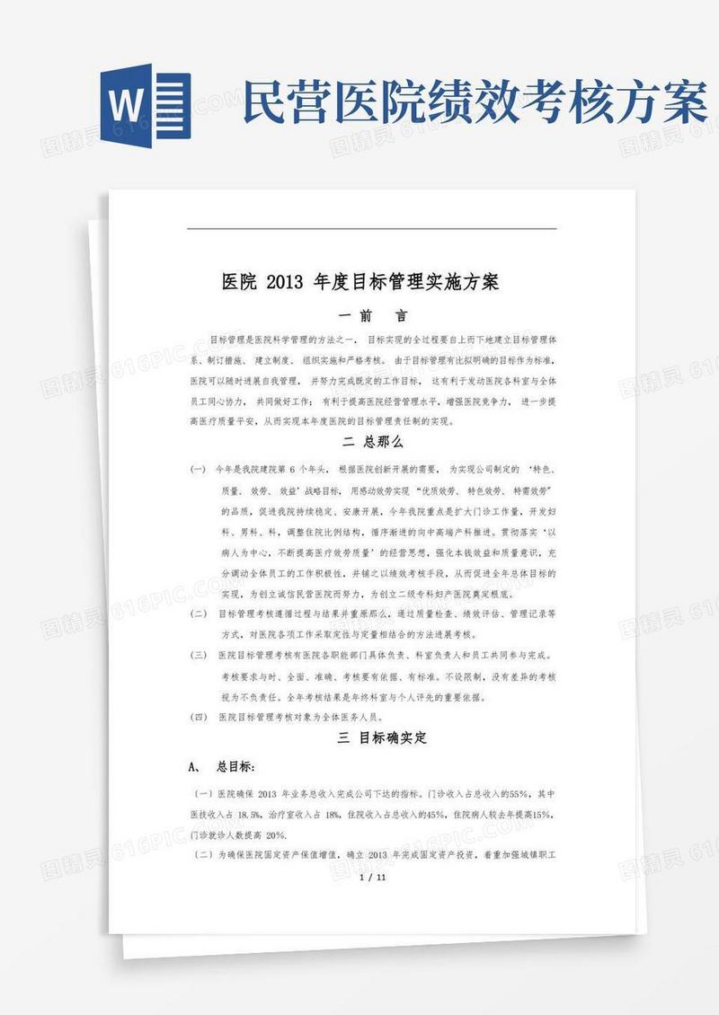 某民营医院目标责任管理实施计划方案正文