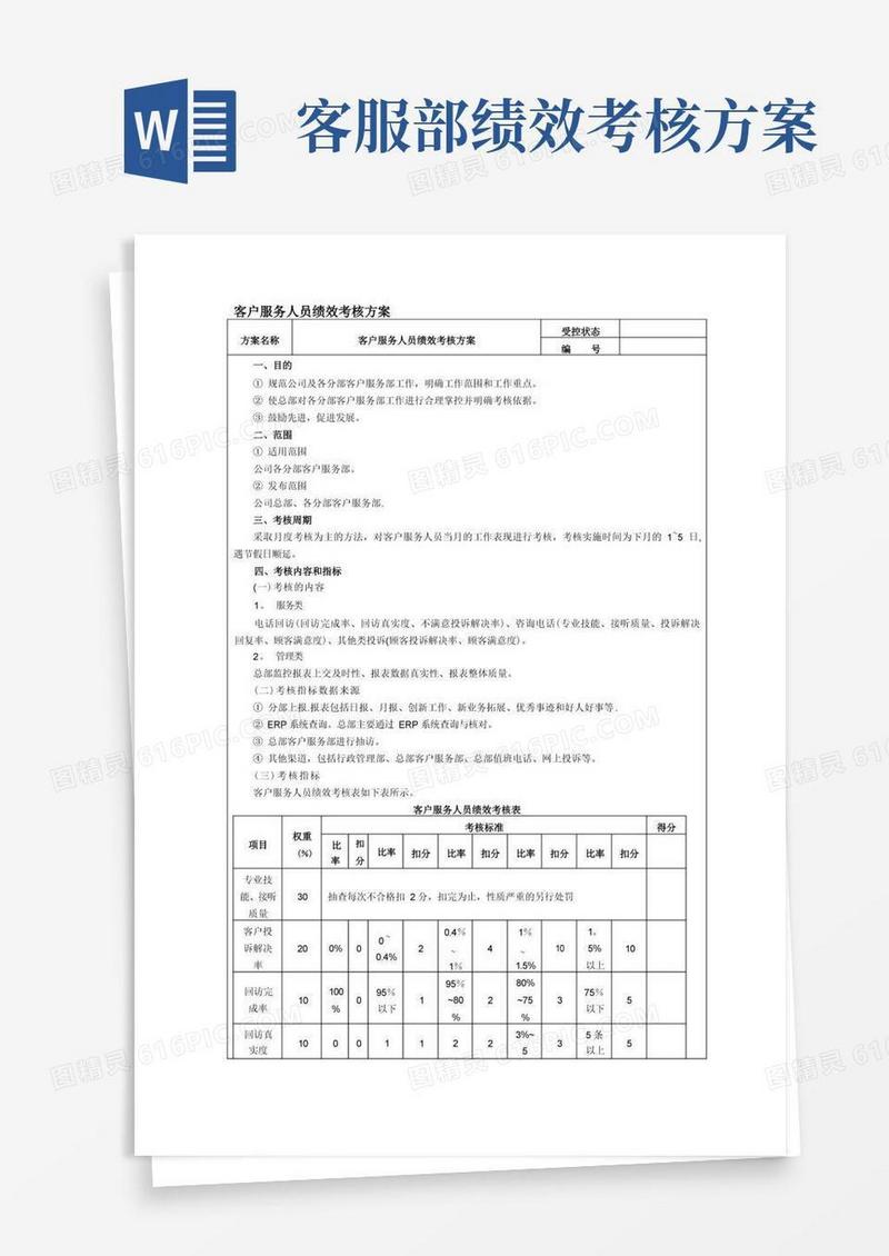 客户服务人员绩效考核方案