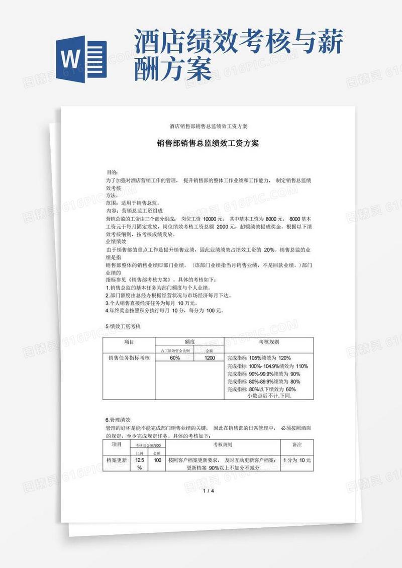 酒店销售部销售总监绩效工资方案