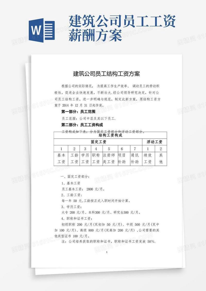 建筑公司员工结构工资方案