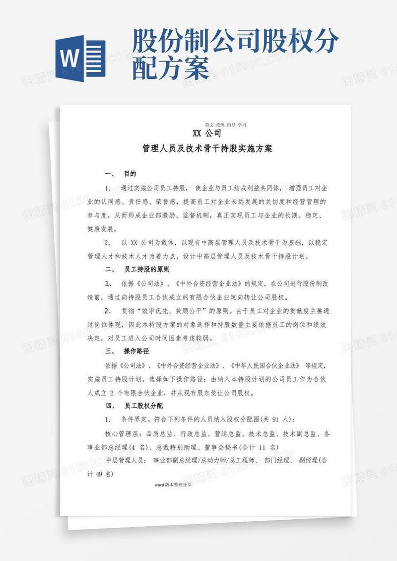 某公司员工持股分配方案(定稿)