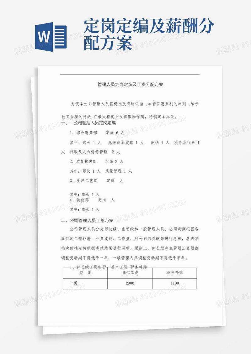 公司管理人员定岗定编及工资分配方案