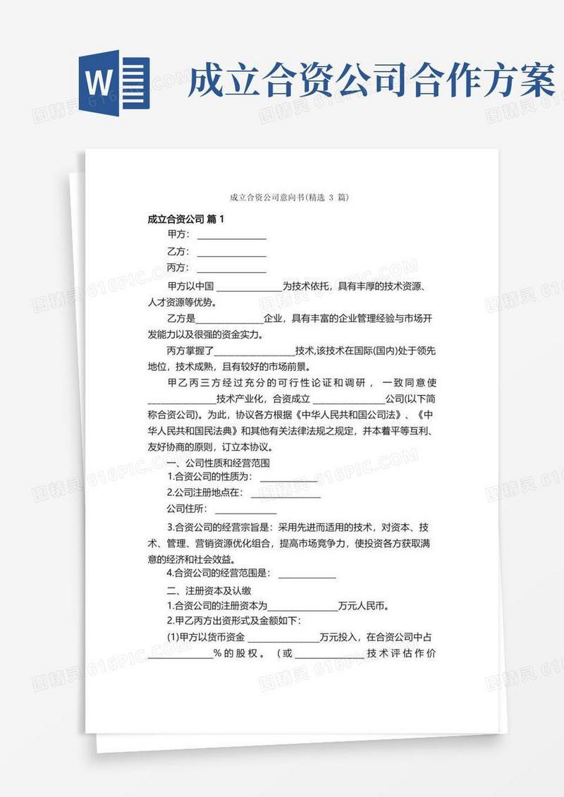 成立合资公司意向书（精选3篇）